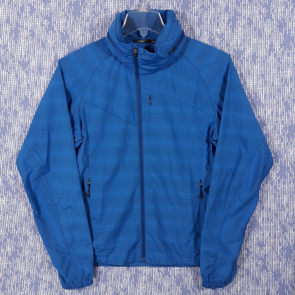 NAU Jacket Womens M Windbreaker Full Zip Pockets Hooded Asymmetric Blue